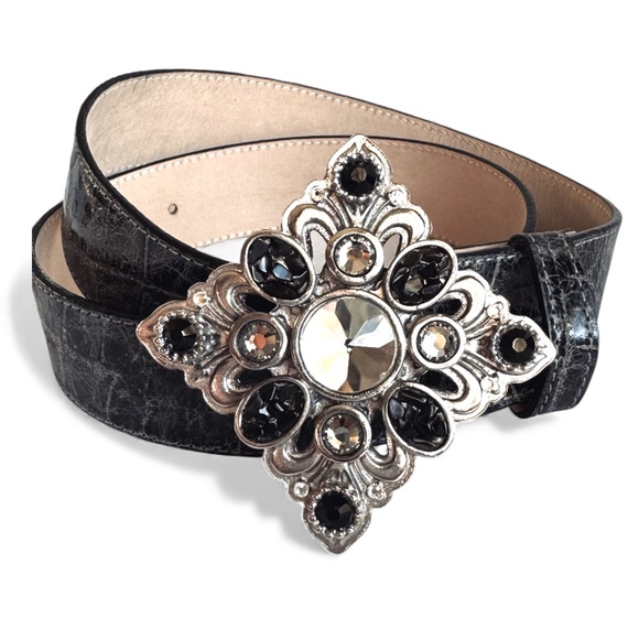 Leatherock Black Crackle Leather Belt Square Crystal Buckle